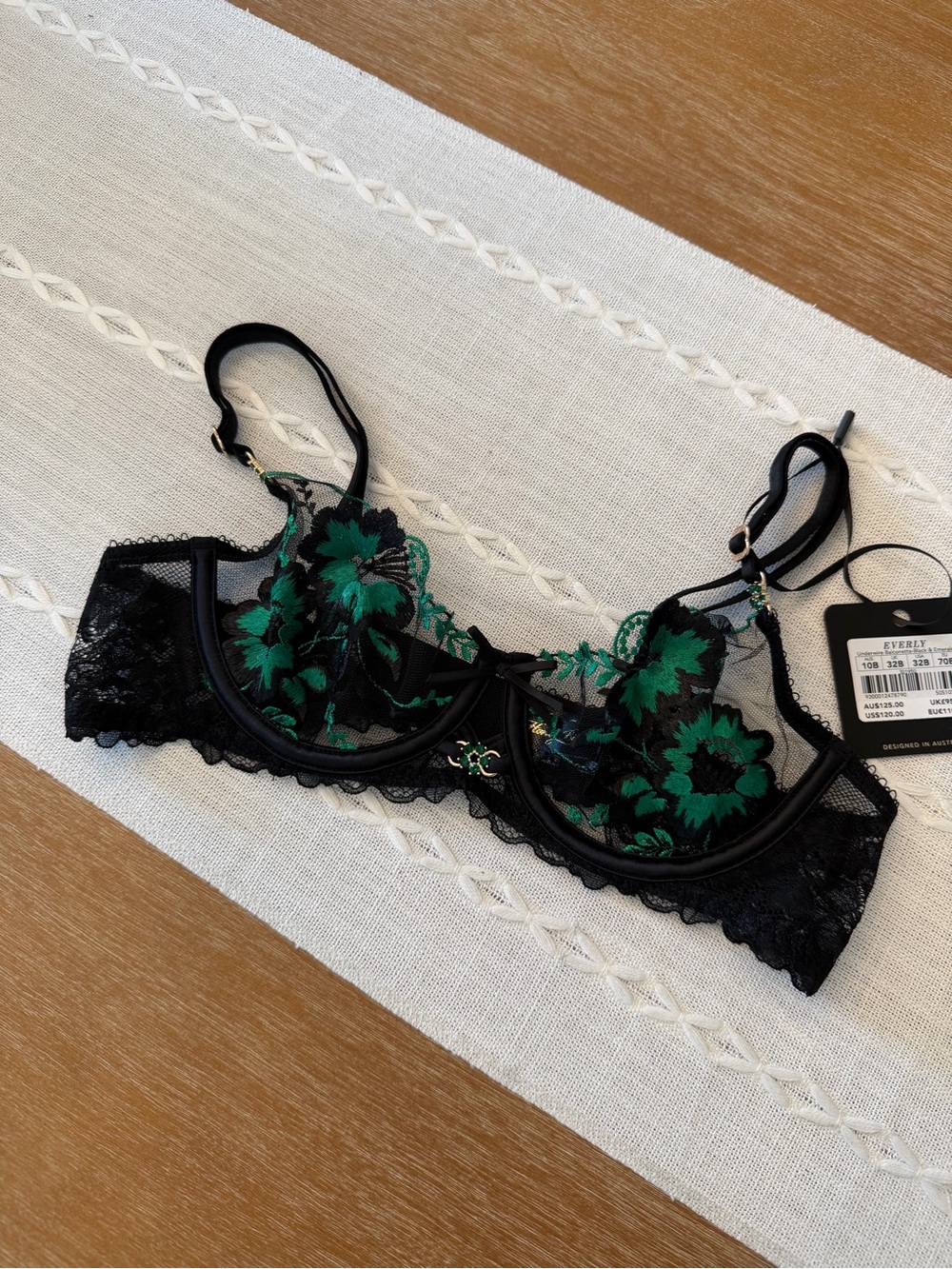 Everly Black Lace Bra with Green Floral Embroidery